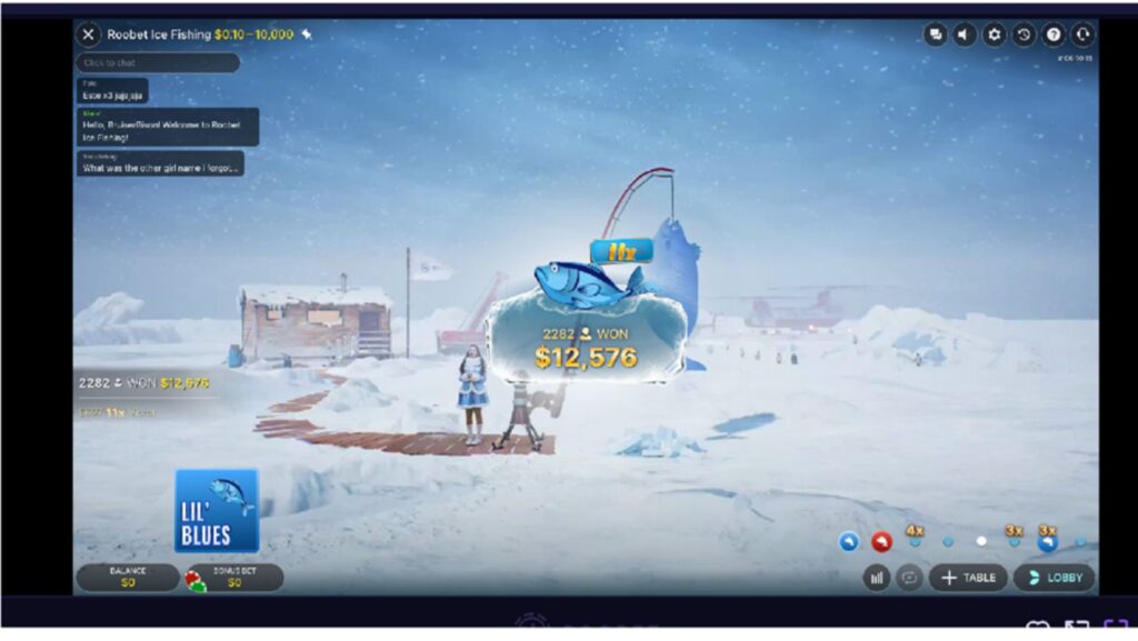 Screenshot of the dealer fishing out a Lil Blue in Ice Fishing